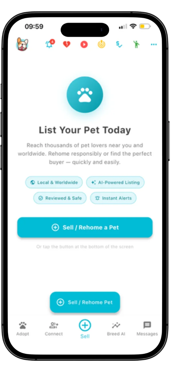 The List Your Pet Today screen in the Pets Home app