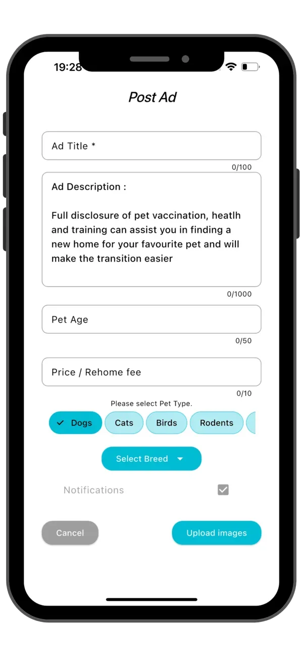 The Pets Home listing form, with a Price / Rehome fee field the owner fills in alongside title, description, age and pet type